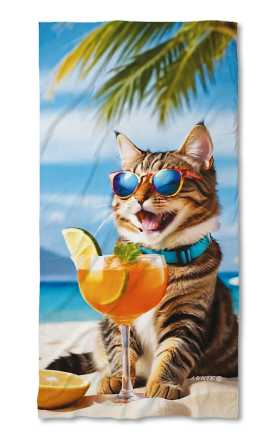Beach Towel Cat with a cocktail